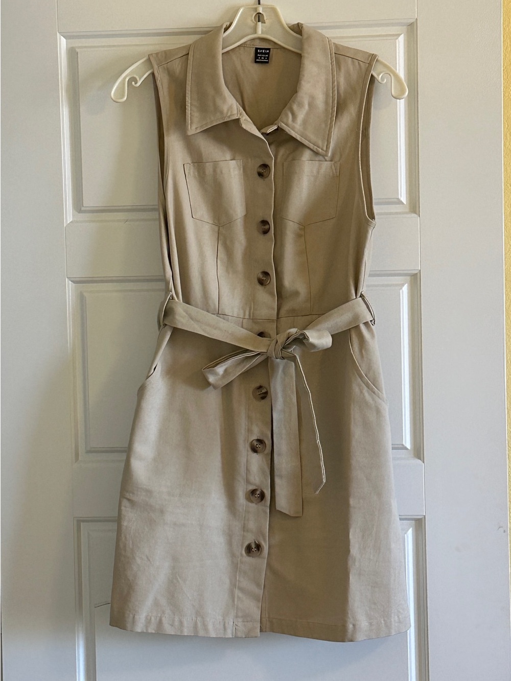 Sleeveless Belted Shirt Dress in Beige